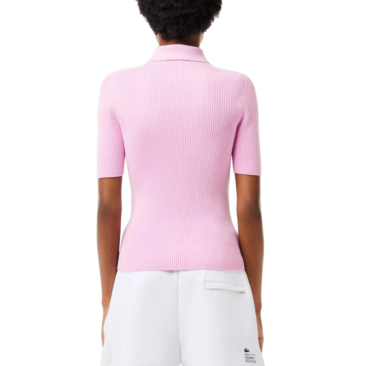 Pink - Back - Lacoste Womens-Ladies Rib Knit Zip Neck Polo Shirt