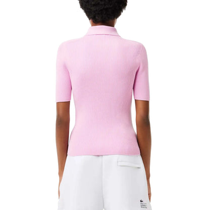 Pink - Back - Lacoste Womens-Ladies Rib Knit Zip Neck Polo Shirt