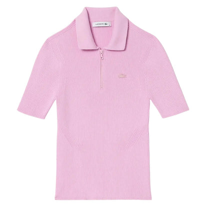 Pink - Front - Lacoste Womens-Ladies Rib Knit Zip Neck Polo Shirt