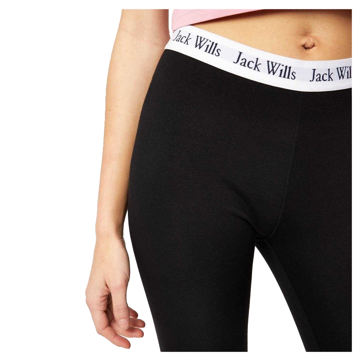 Black-White - Back - Jack Wills Womens-Ladies Logo Contrast Waistband Leggings