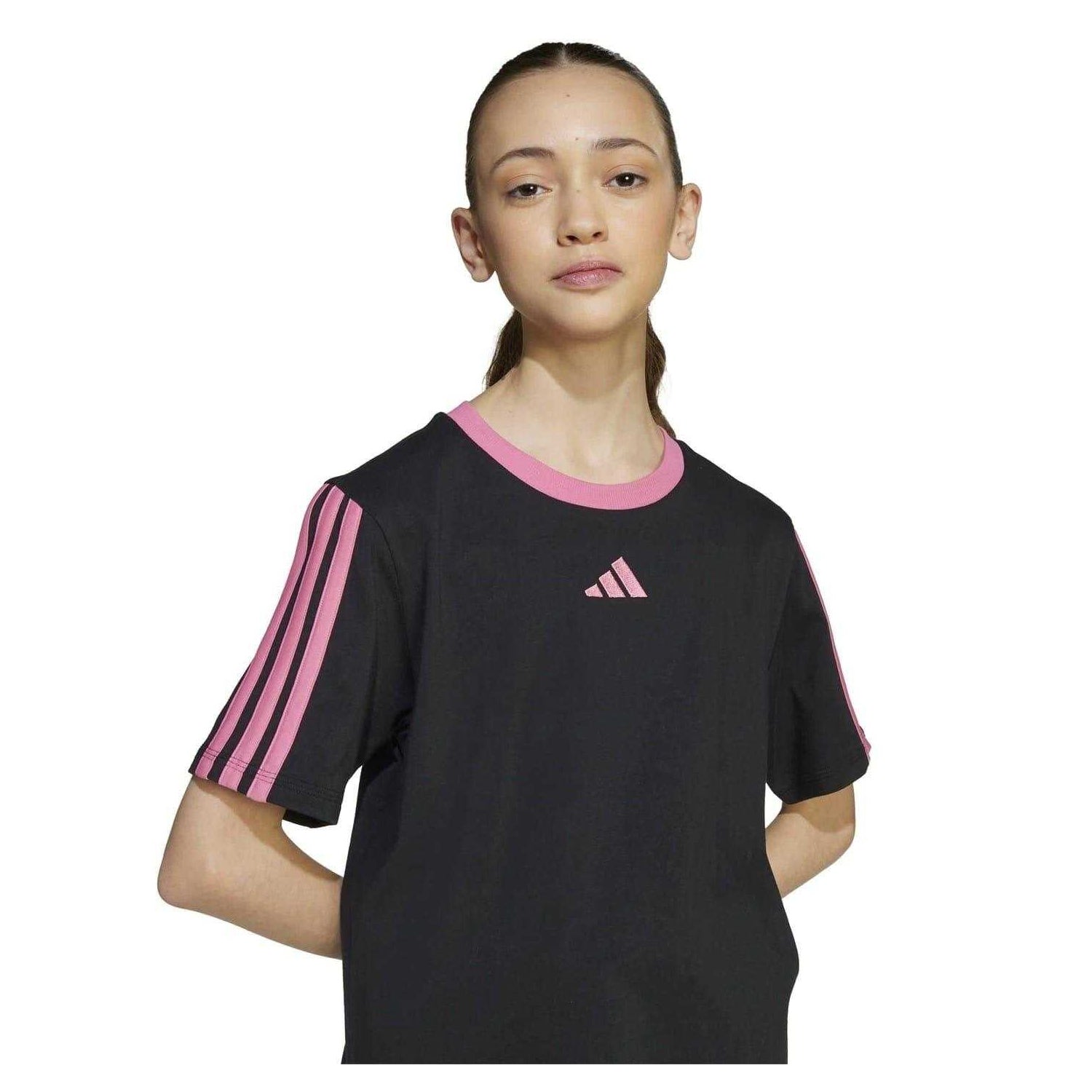 Black-Pink - Side - Adidas Girls Essentials 3 Stripes T-Shirt