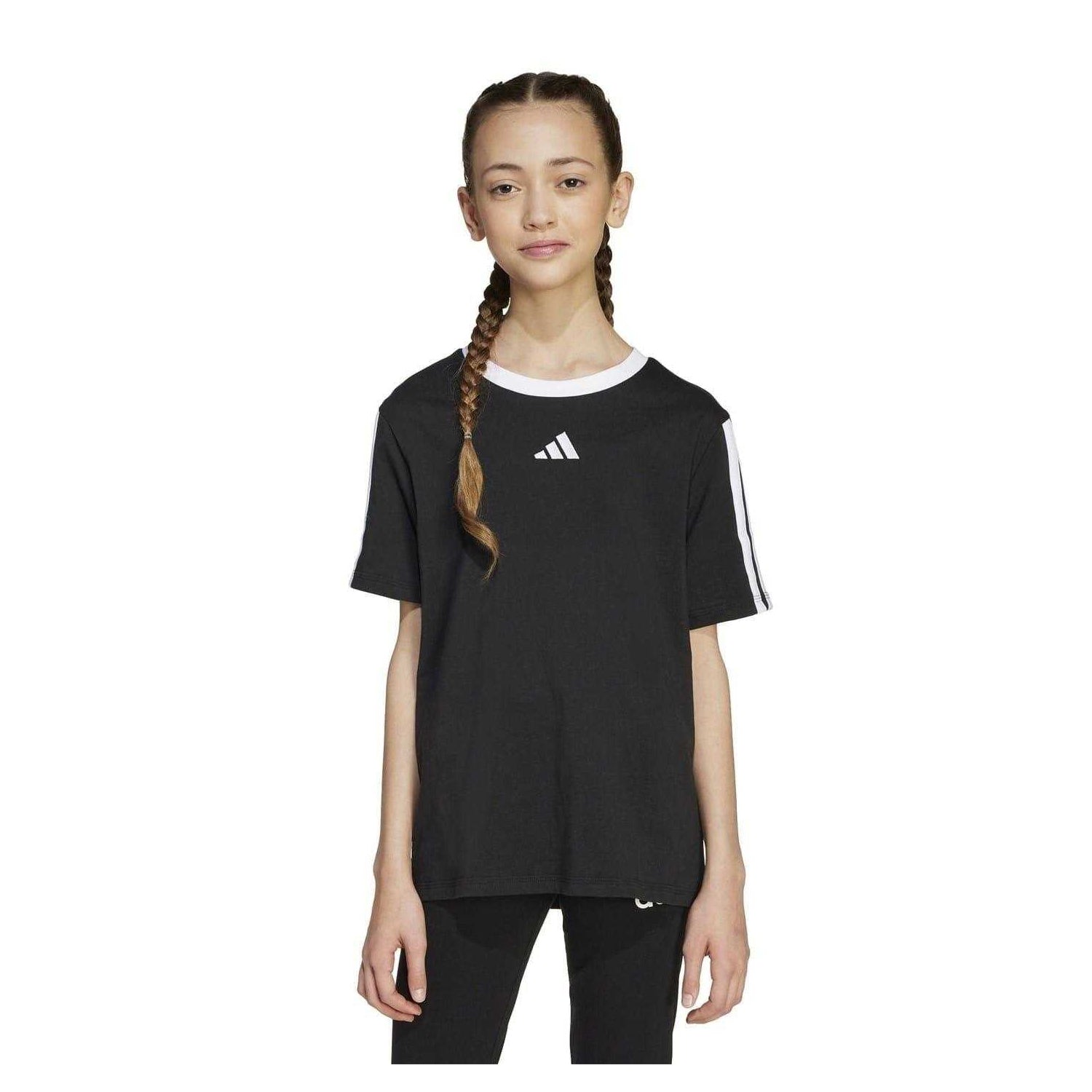 Black-White - Side - Adidas Girls Essentials 3 Stripes T-Shirt