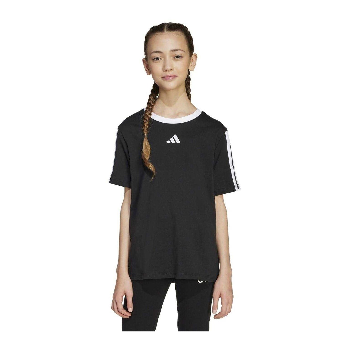 Black-White - Side - Adidas Girls Essentials 3 Stripes T-Shirt