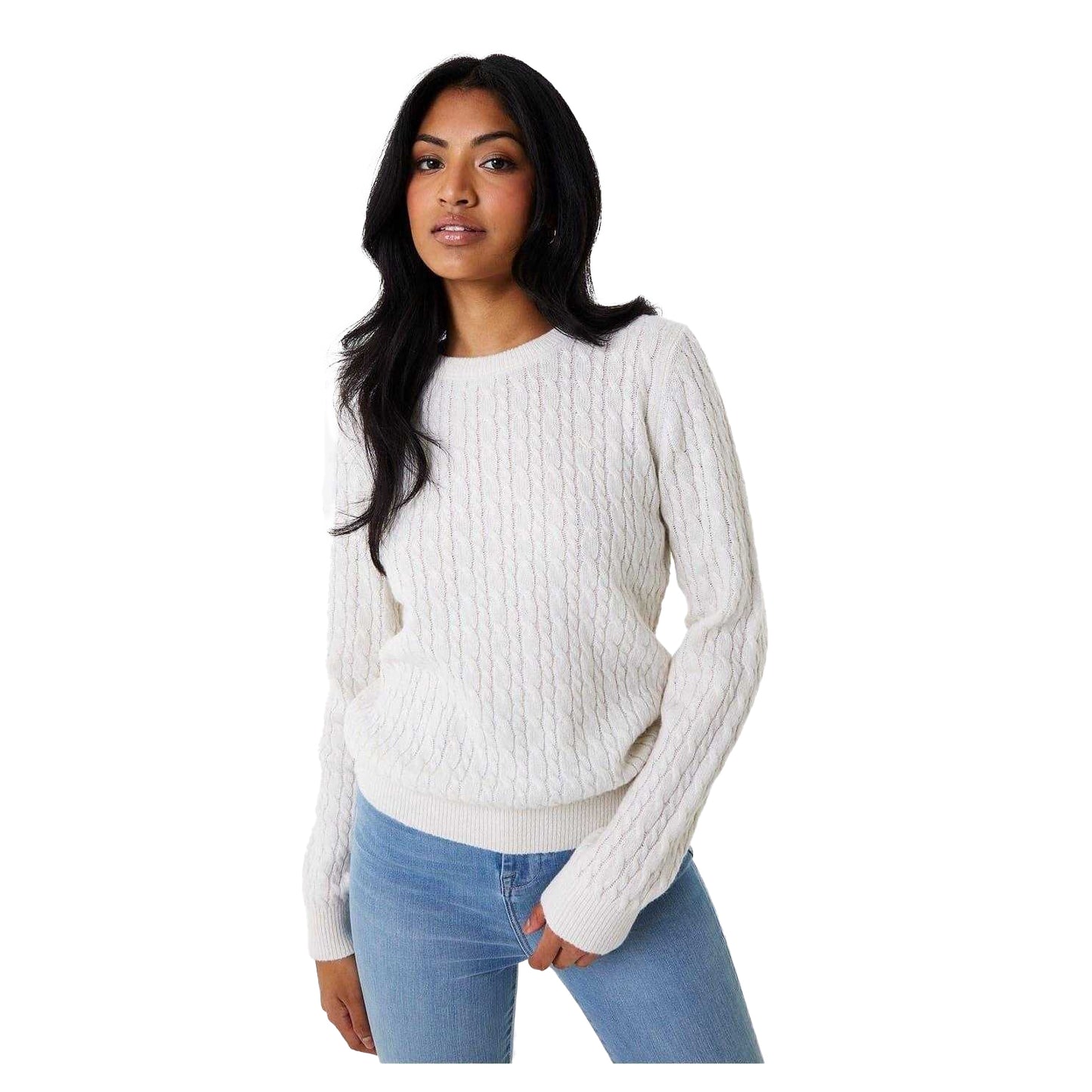 Vintage White - Side - Jack Wills Womens-Ladies Tinsbury Cable Knit Merino Wool Slim Long-Sleeved Jumper