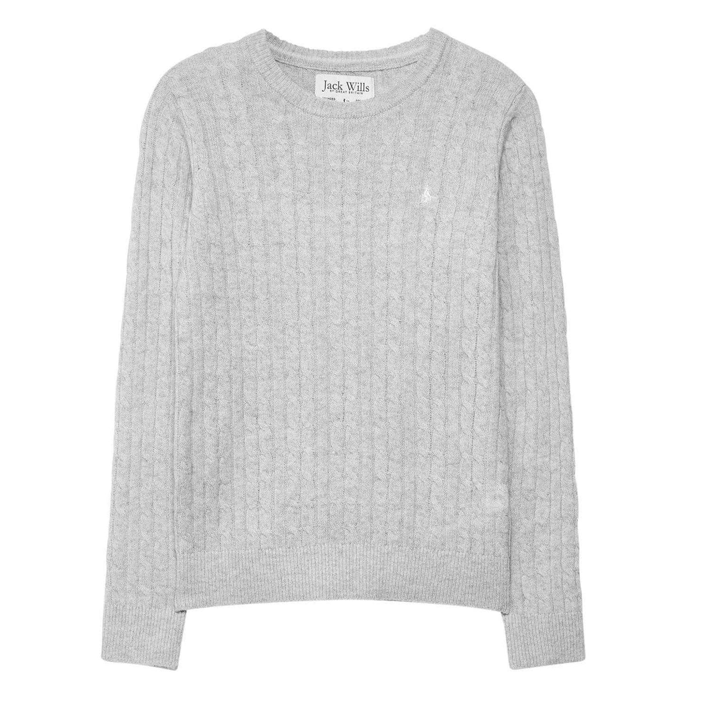 Grey Marl - Front - Jack Wills Womens-Ladies Tinsbury Cable Knit Merino Wool Slim Long-Sleeved Jumper
