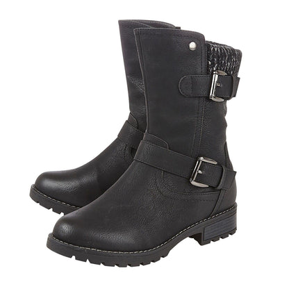 Black - Side - Lotus Shoes Womens-Ladies Jemima Low Block Heel Biker Boots