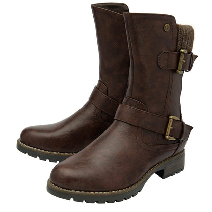 Brown - Pack Shot - Lotus Shoes Womens-Ladies Jemima Low Block Heel Biker Boots