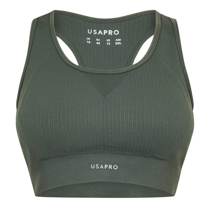 Khaki - Front - USA Womens-Ladies Ribbed Seamless Sports Bra