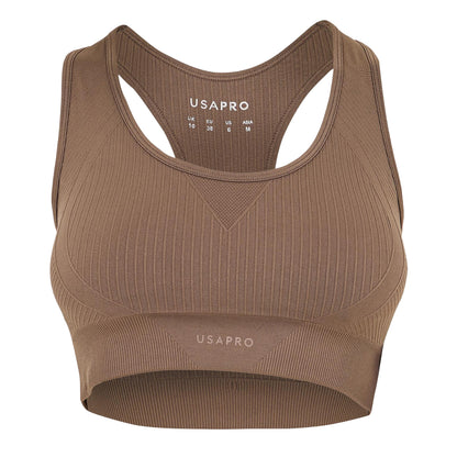 Mocha - Front - USA Womens-Ladies Ribbed Seamless Sports Bra