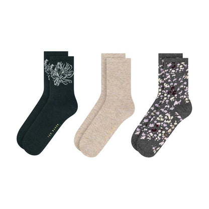 Green-Beige-Charcoal - Back - Ted Baker Womens-Ladies Floral Long Crew Socks (Pack of 3)