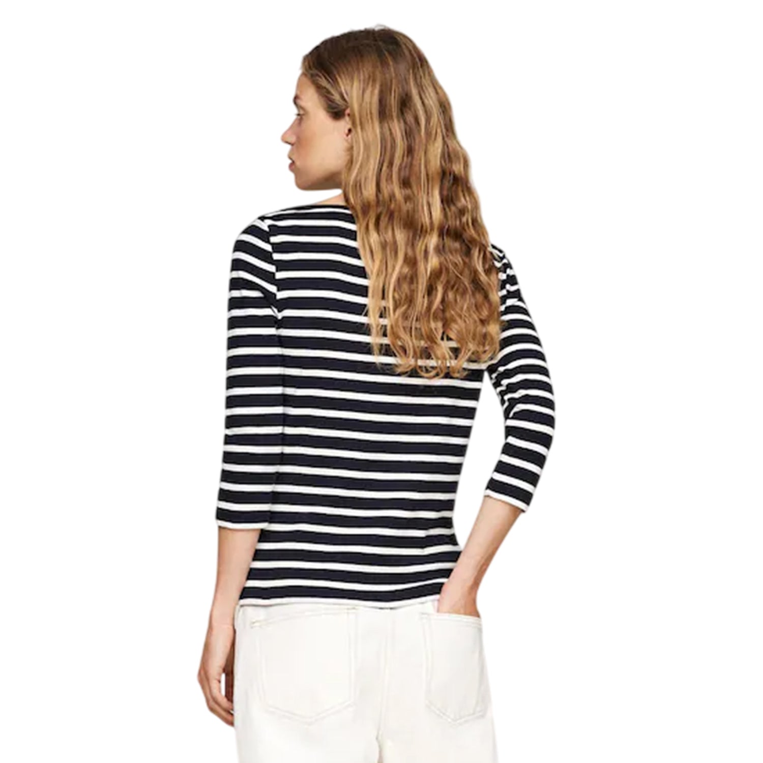 Abyss Blue - Back - Tommy Hilfiger Womens-Ladies Striped Boat Neck Slim T-Shirt