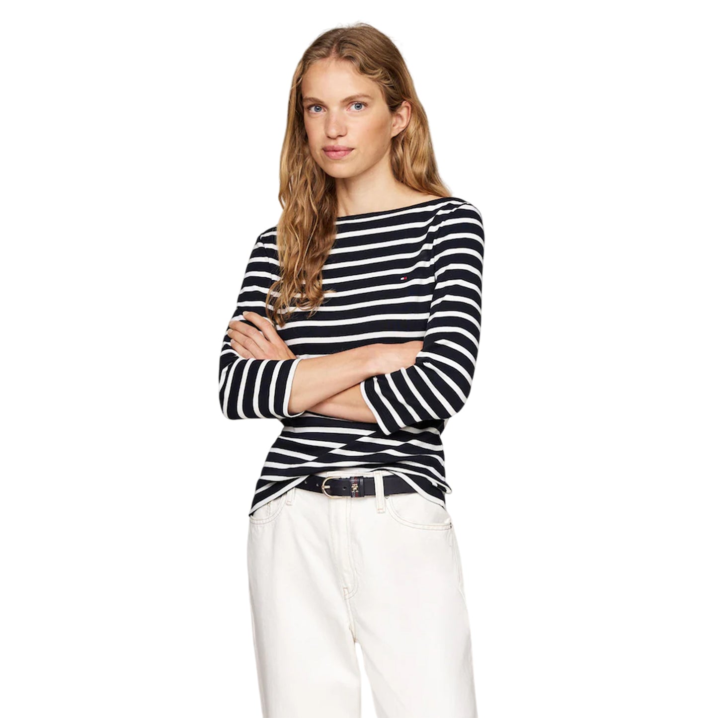 Abyss Blue - Side - Tommy Hilfiger Womens-Ladies Striped Boat Neck Slim T-Shirt