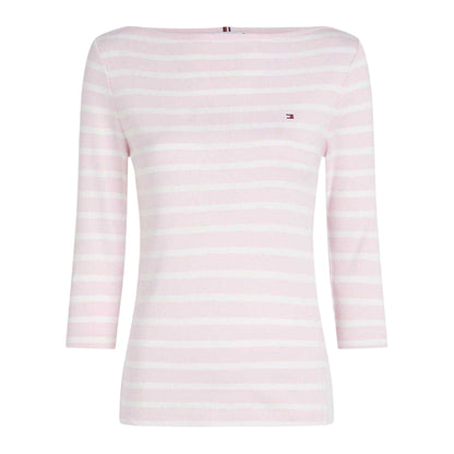 Pink-Oat - Front - Tommy Hilfiger Womens-Ladies Striped Boat Neck Slim T-Shirt