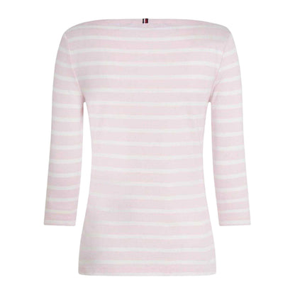 Pink-Oat - Back - Tommy Hilfiger Womens-Ladies Striped Boat Neck Slim T-Shirt