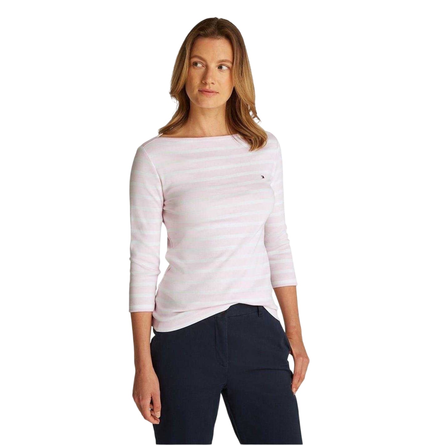 Pink-Oat - Side - Tommy Hilfiger Womens-Ladies Striped Boat Neck Slim T-Shirt