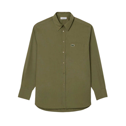Khaki Green - Front - Lacoste Womens-Ladies Cotton Poplin Oversized Shirt