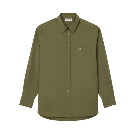 Khaki Green - Front - Lacoste Womens-Ladies Cotton Poplin Oversized Shirt