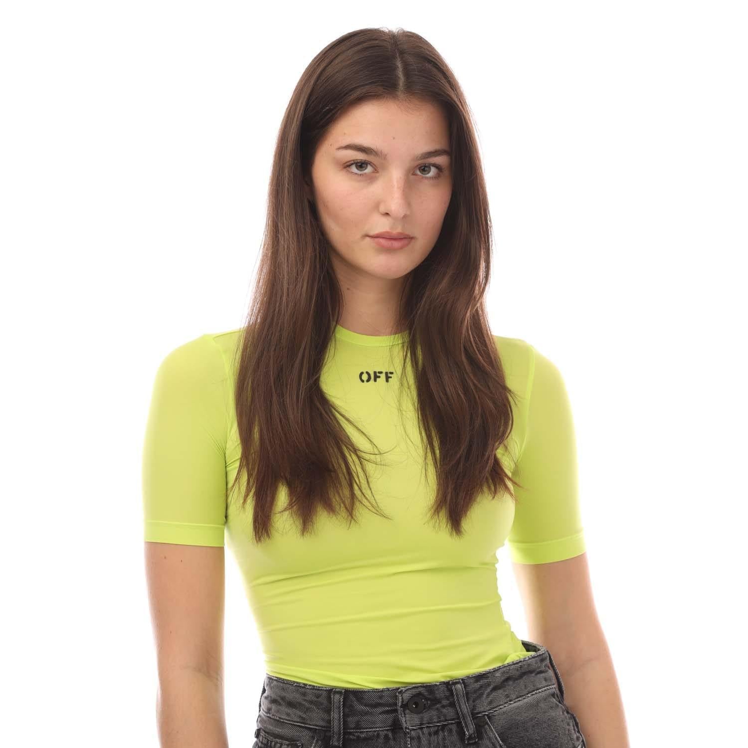 Yellow - Side - Off White Womens-Ladies Off Stamp Sec Skin Crew Neck T-Shirt