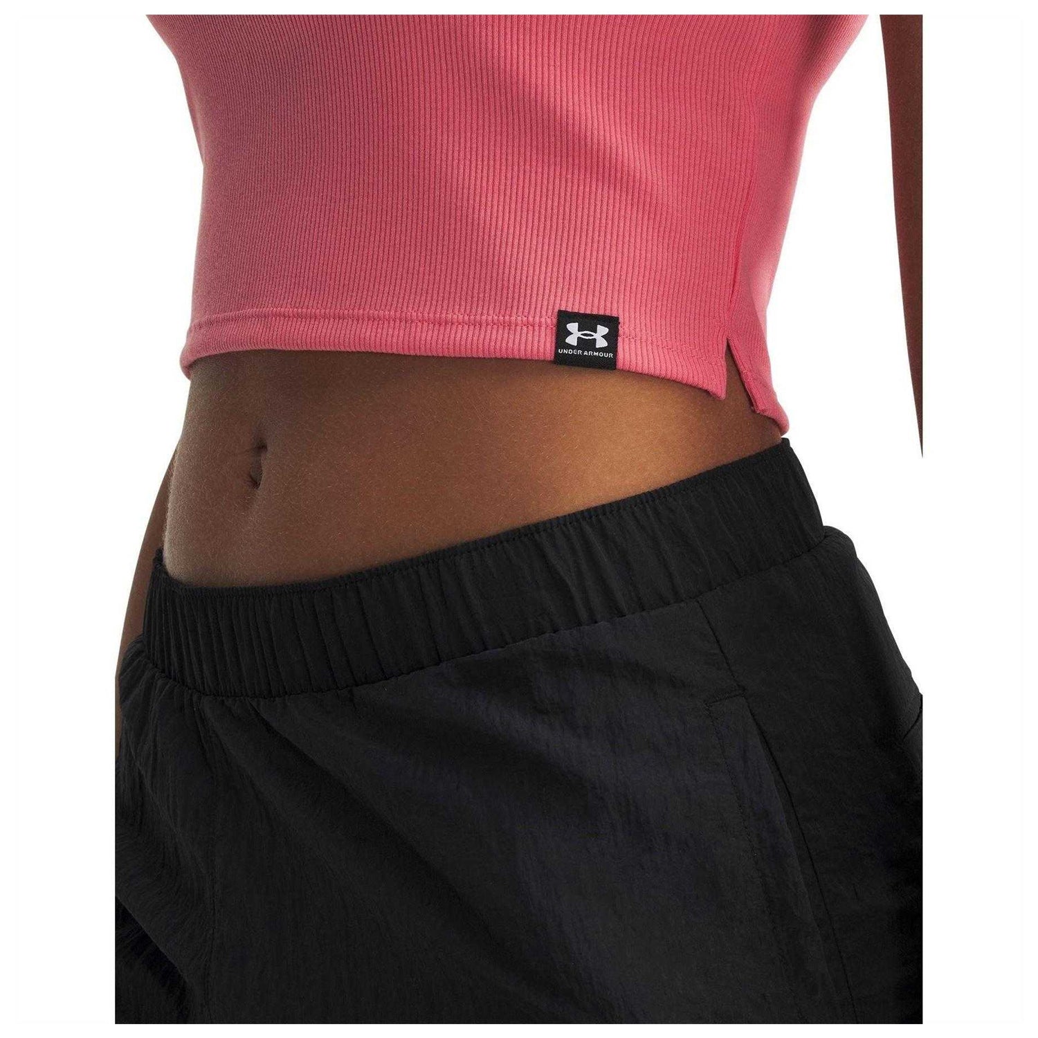 Pink-White - Side - Under Armour Womens-Ladies Ribbed Crop Top