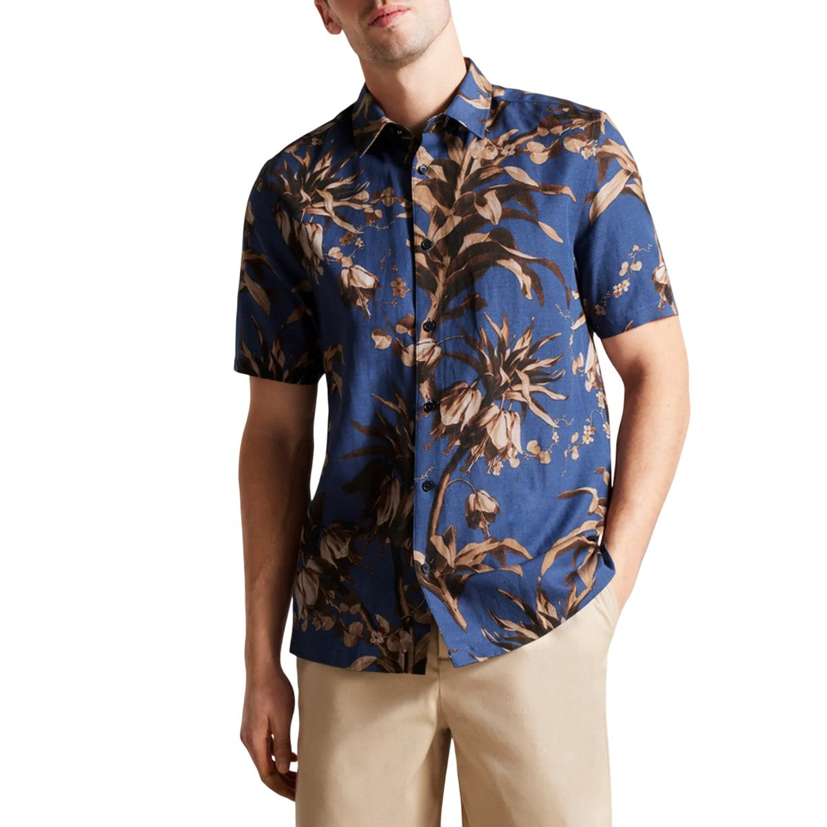 Navy - Close up - Ted Baker Unisex Adult Belmar Linen Blend Short-Sleeved Shirt