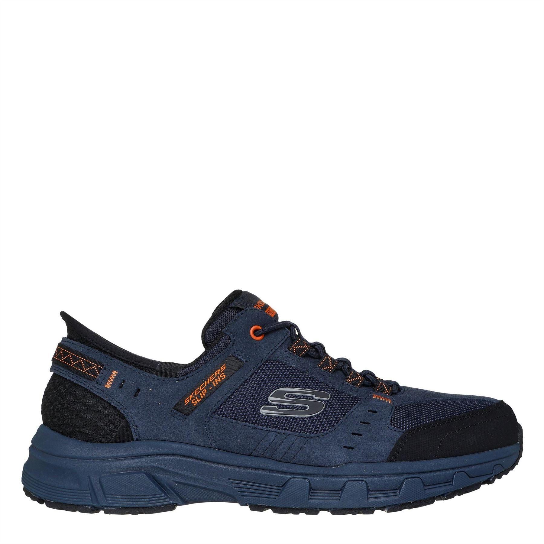 Navy-Orange - Side - Skechers Mens Oak Canyon Leather Slip-on Relaxed Fit Shoes