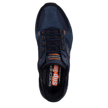 Navy-Orange - Pack Shot - Skechers Mens Oak Canyon Leather Slip-on Relaxed Fit Shoes