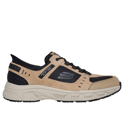 Taupe-Black - Side - Skechers Mens Oak Canyon Leather Slip-on Relaxed Fit Shoes