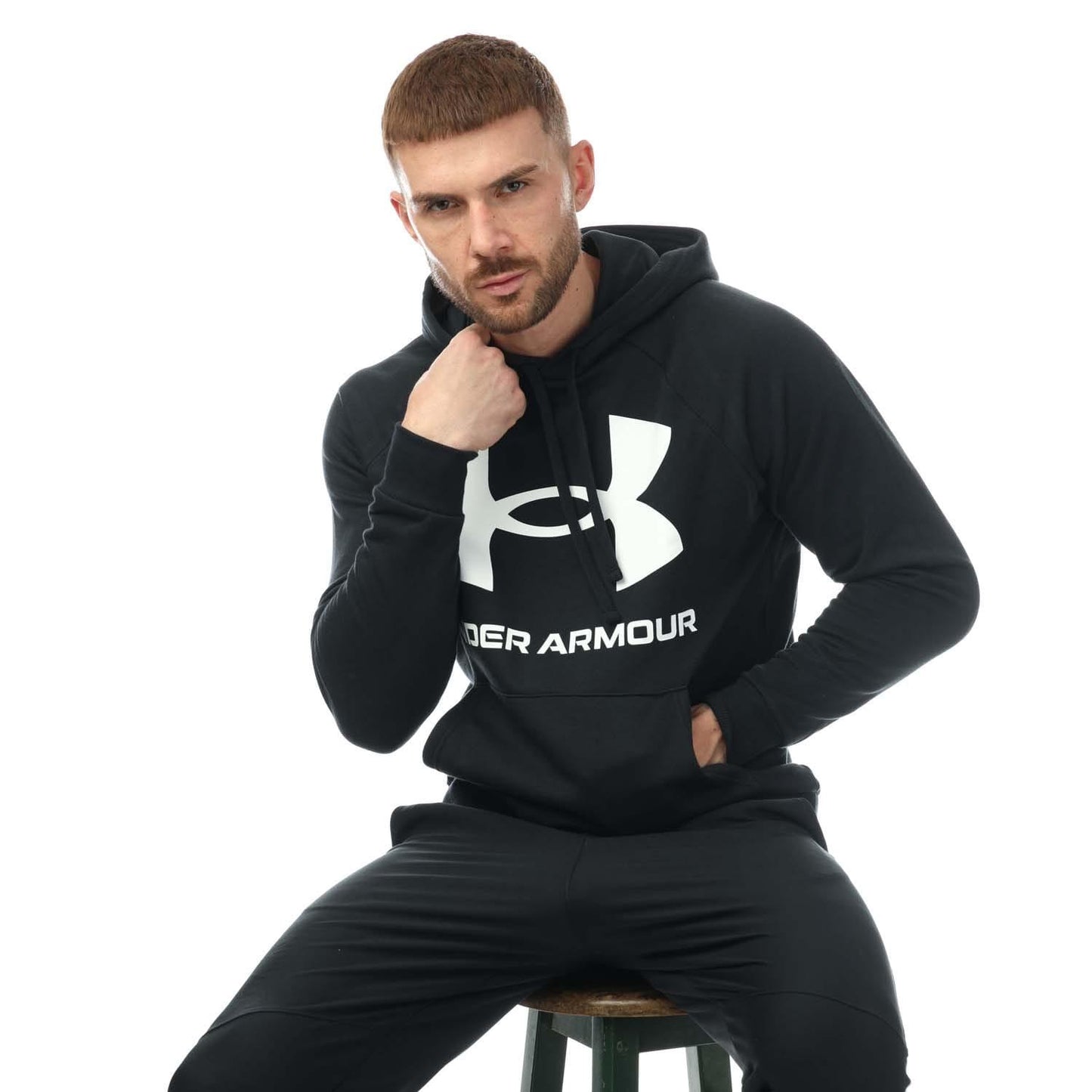Black-White - Pack Shot - Under Armour Mens Rival Logo Fleece Hoodie