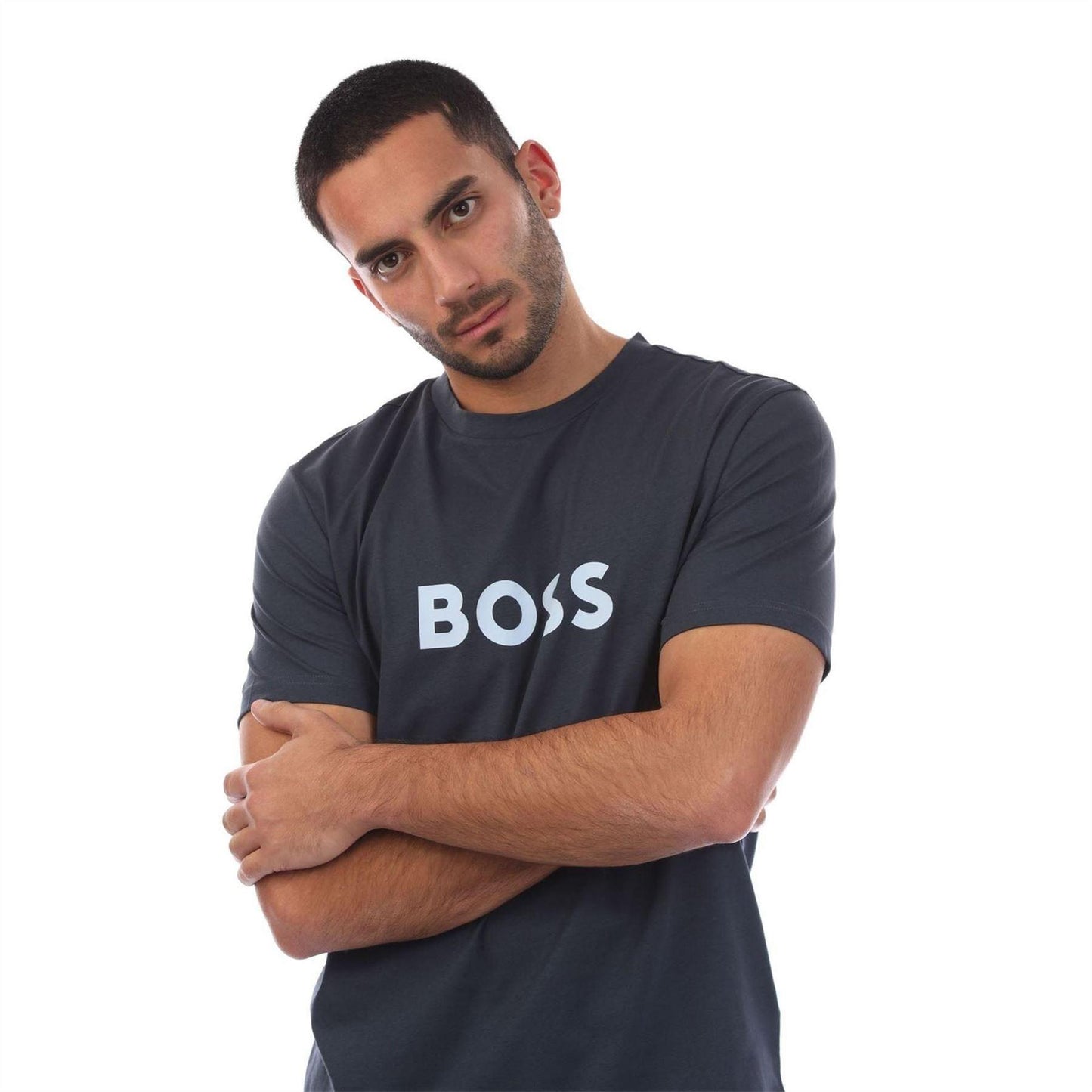 Navy - Side - Boss Mens Logo Printed Cotton Regular T-Shirt
