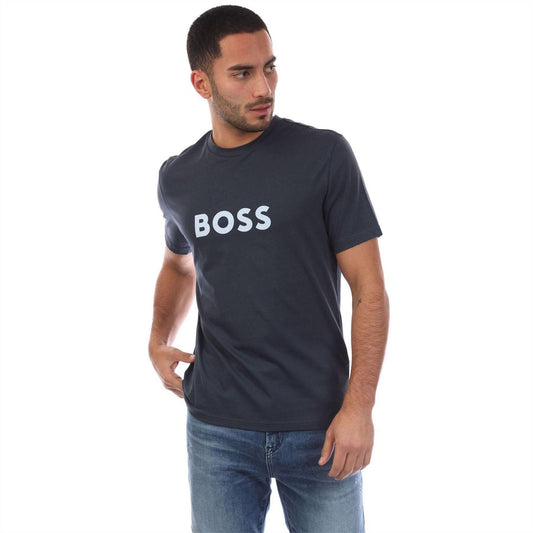 Navy - Front - Boss Mens Logo Printed Cotton Regular T-Shirt