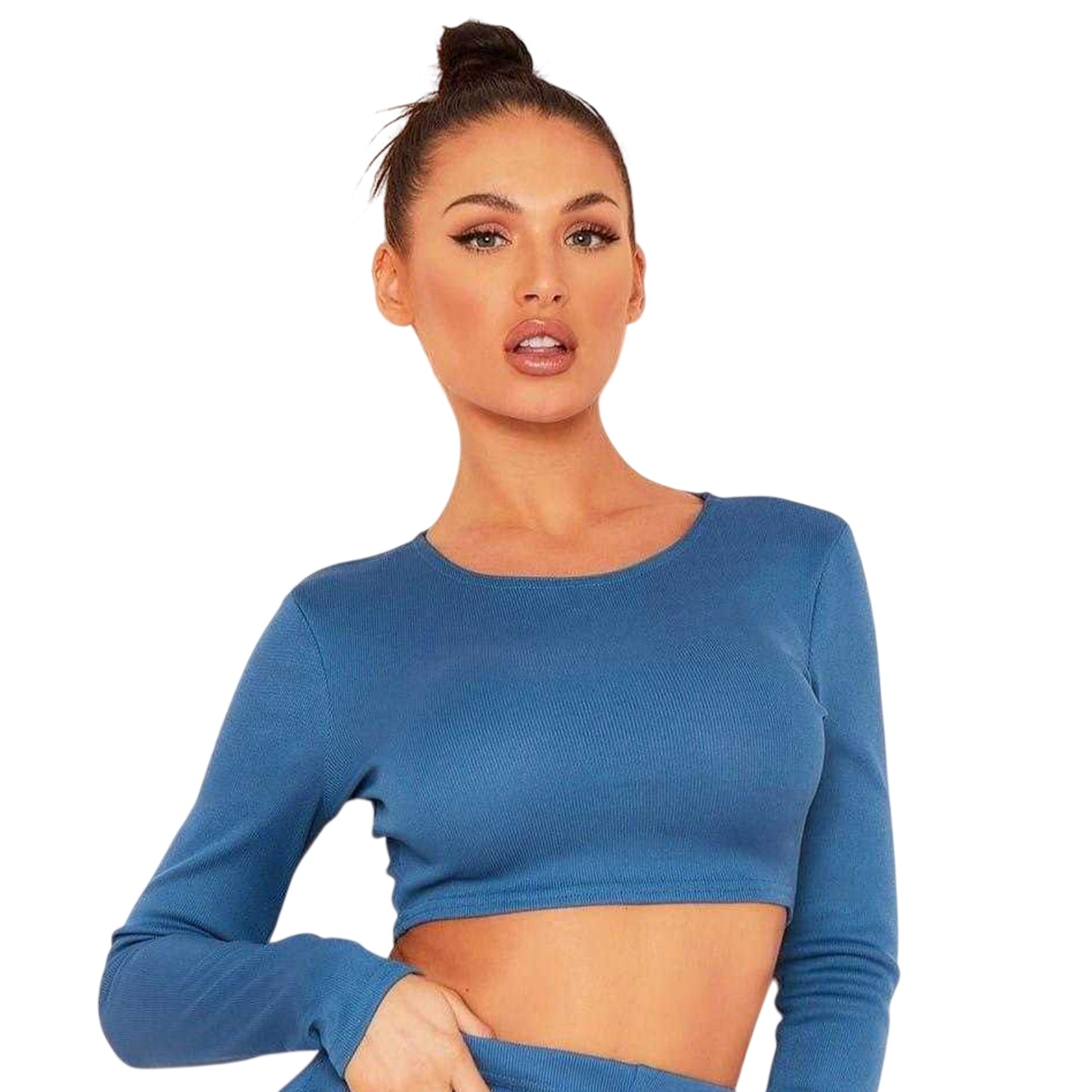 Teal - Back - Missy Empire Womens-Ladies Fitted Long-Sleeved Crop Top
