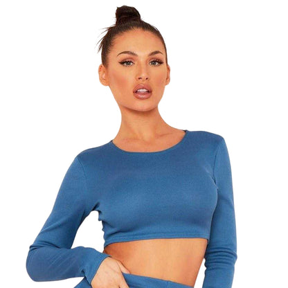 Teal - Back - Missy Empire Womens-Ladies Fitted Long-Sleeved Crop Top