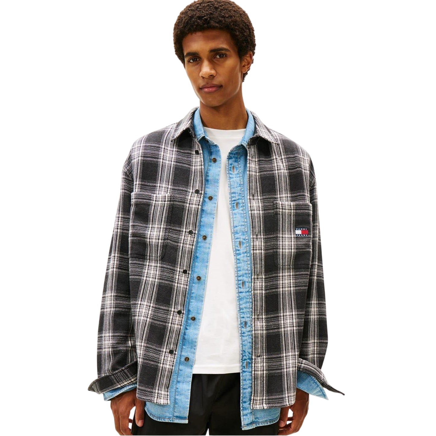 Black - Front - Tommy Jeans Mens Plaid Overshirt