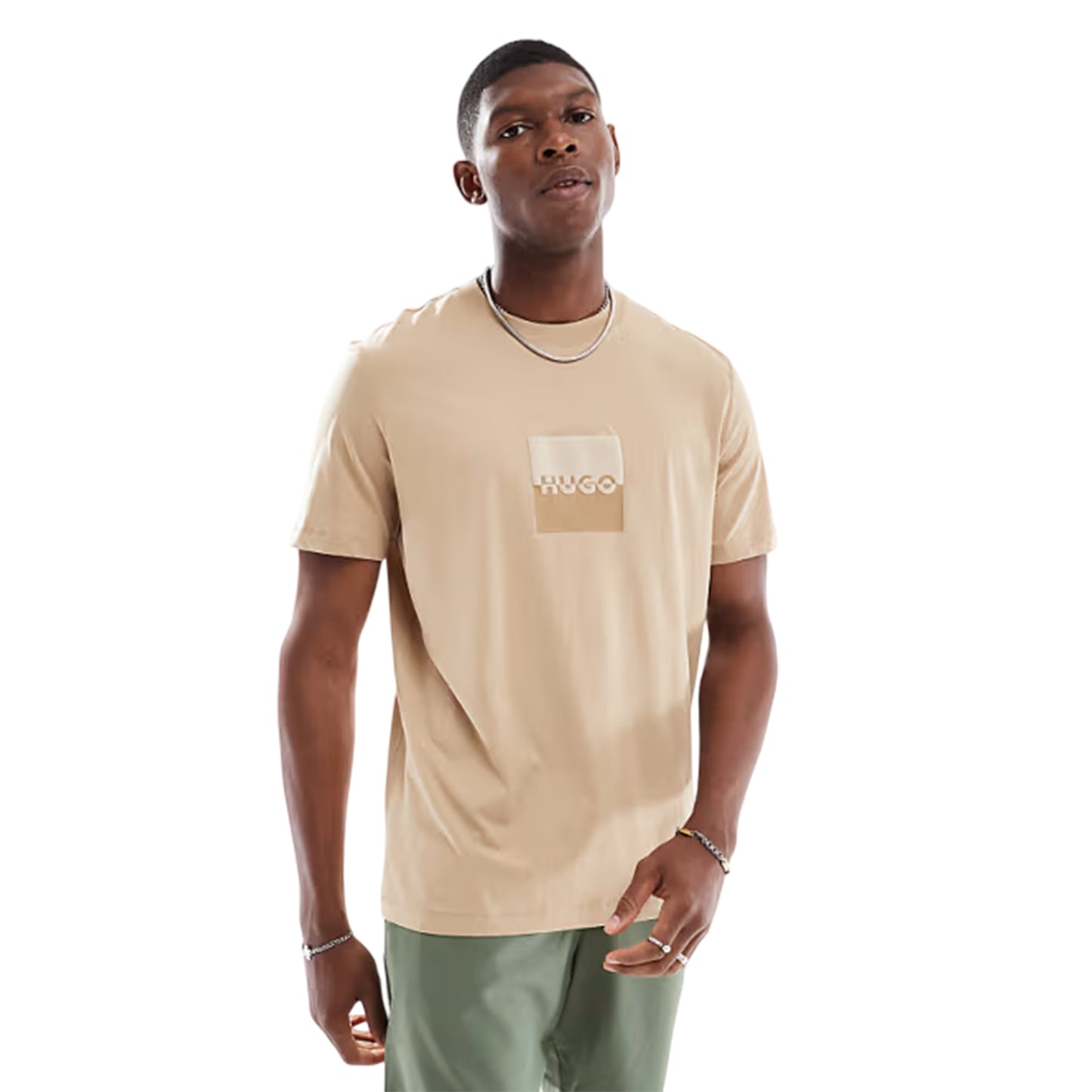 Sand - Side - Hugo Mens Dusplit Tonal Logo T-Shirt
