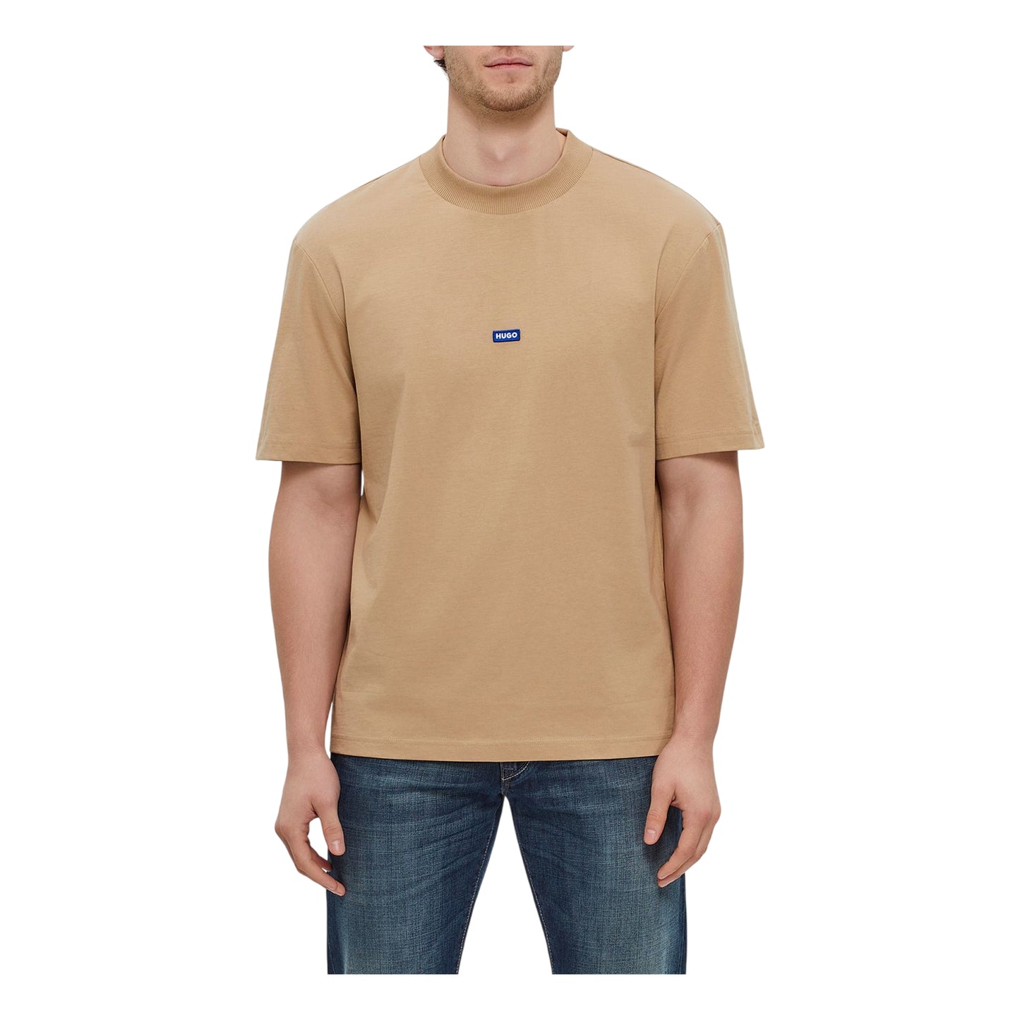 Medium Beige - Side - Hugo Mens Jersey Mock Neck Regular T-Shirt