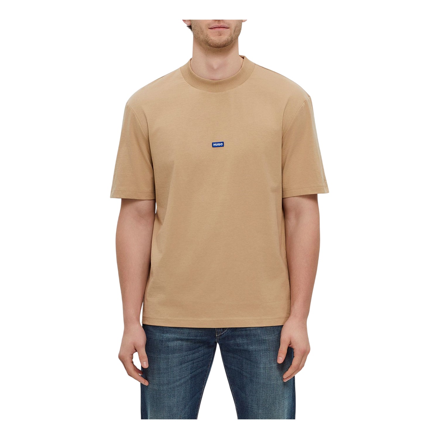Medium Beige - Side - Hugo Mens Jersey Mock Neck Regular T-Shirt