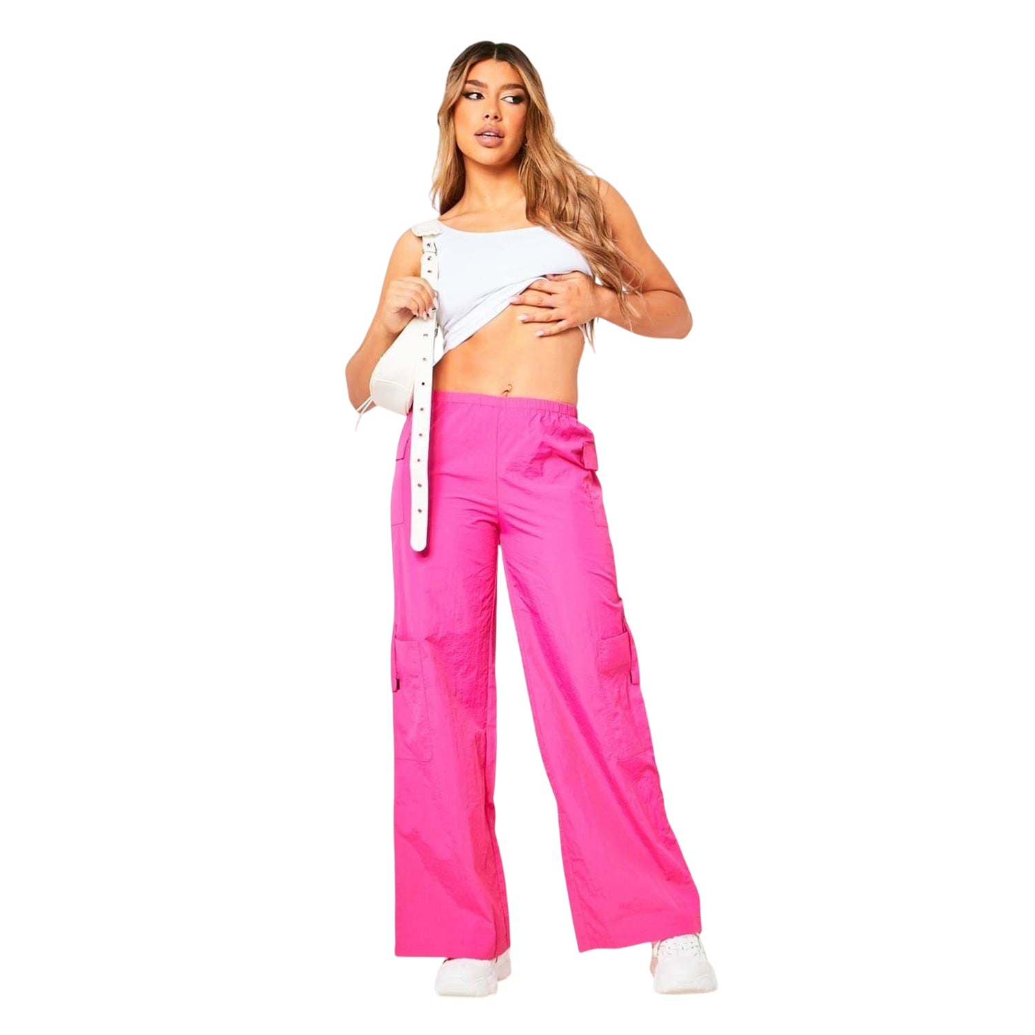 Pink - Front - Missy Empire Womens-Ladies Wide Leg Cargo Trousers