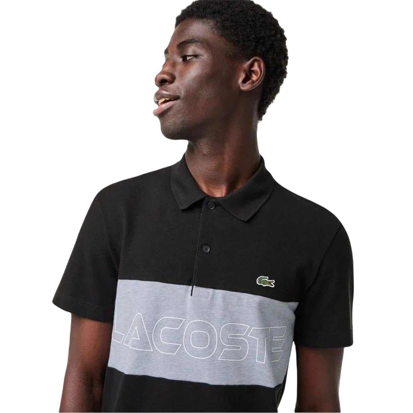 Black-Silver - Side - Lacoste Mens Colour Block Petit Pique Regular Polo Shirt