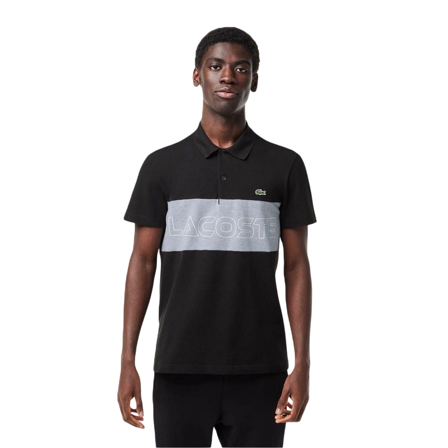 Black-Silver - Front - Lacoste Mens Colour Block Petit Pique Regular Polo Shirt