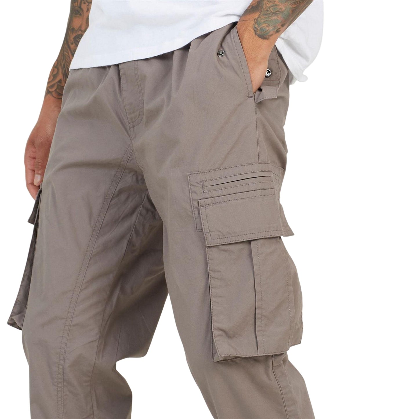 Taupe - Side - Brave Soul Mens Relaxed Fit Cargo Trousers