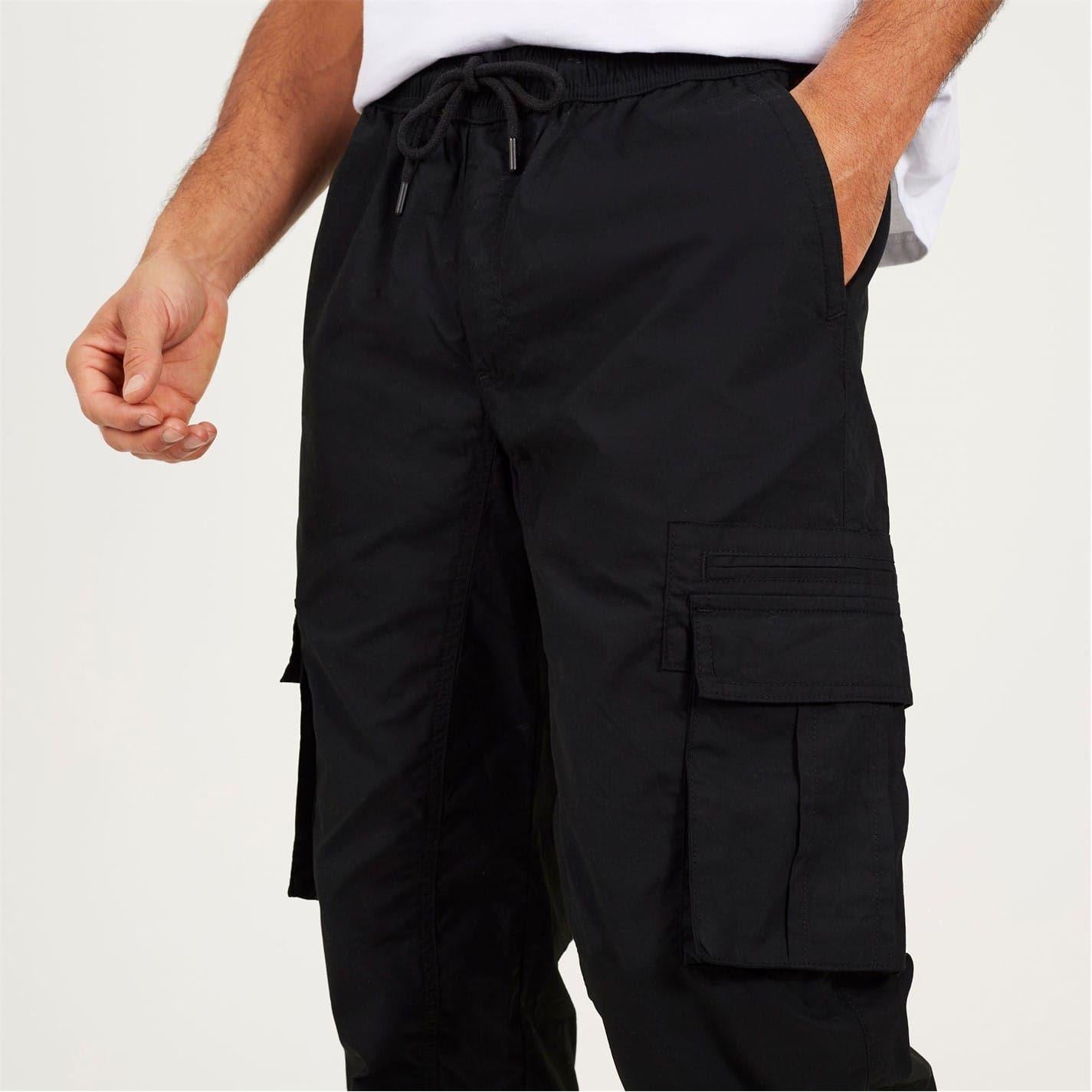 Black - Side - Brave Soul Mens Relaxed Fit Cargo Trousers