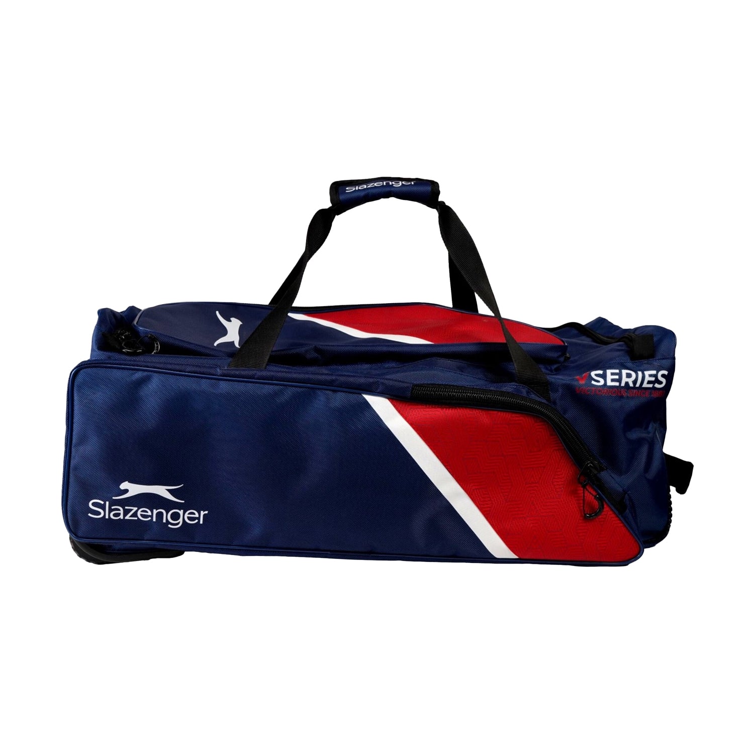 Navy-Red - Back - Slazenger V60 Logo Cricket Wheeled Duffel Bag