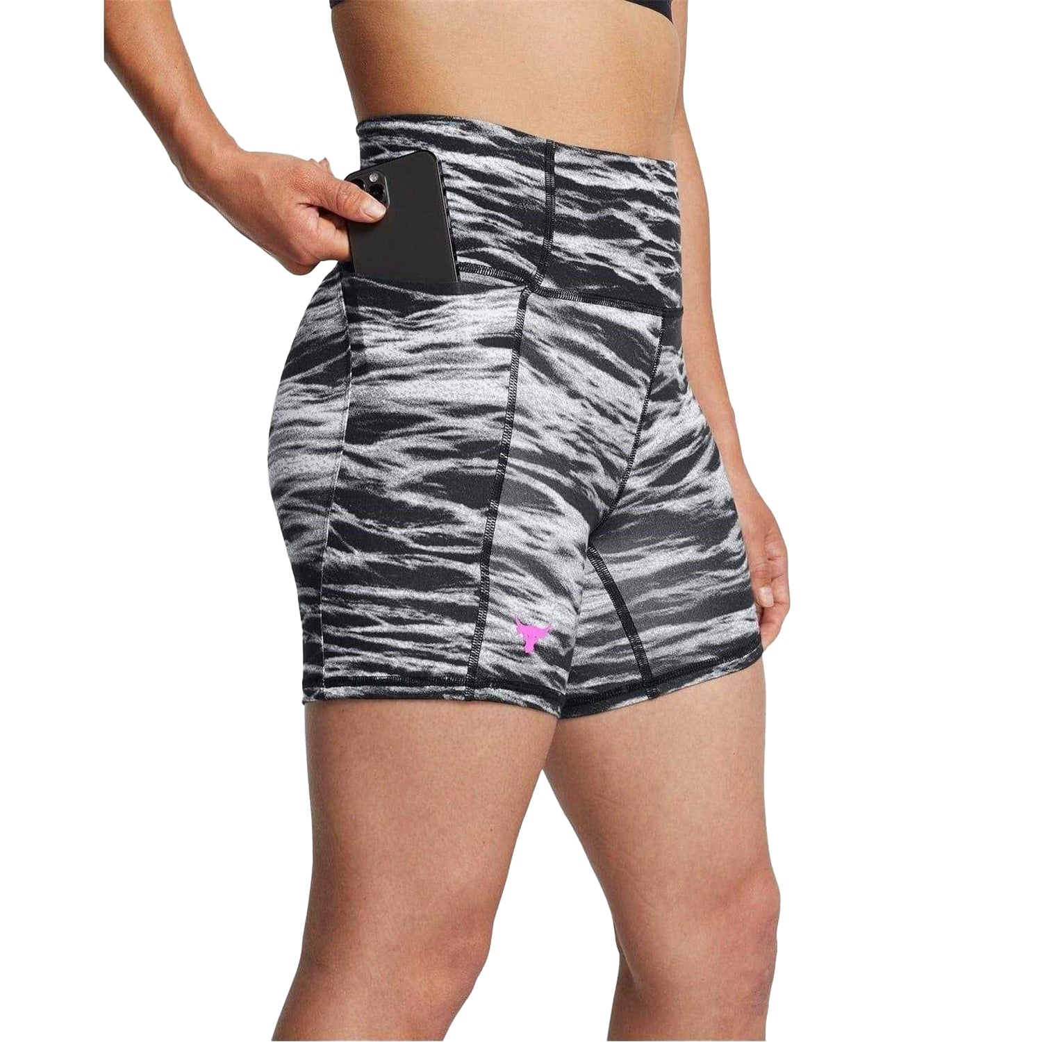 Black - Side - Under Armour Womens-Ladies Project Rock Zebra Print Skinny Running Shorts