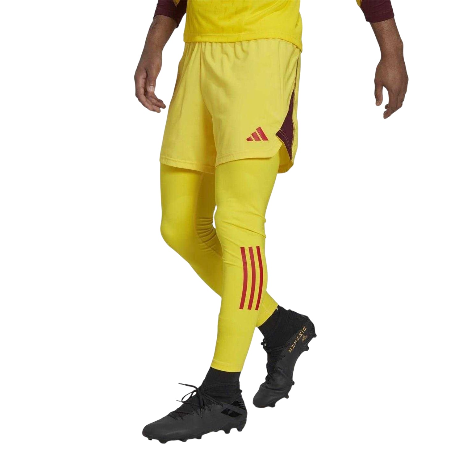 Yellow-Maroon - Side - Adidas Mens T23 3 Stripes Skinny Goalkeeping Base Layer Bottoms