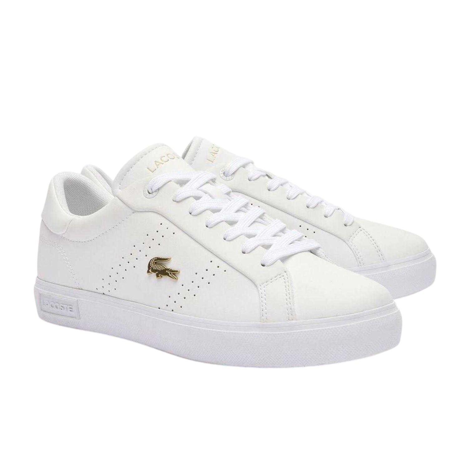 White-Gold - Side - Lacoste Womens-Ladies Powercourt 2.0 Leather Trainers