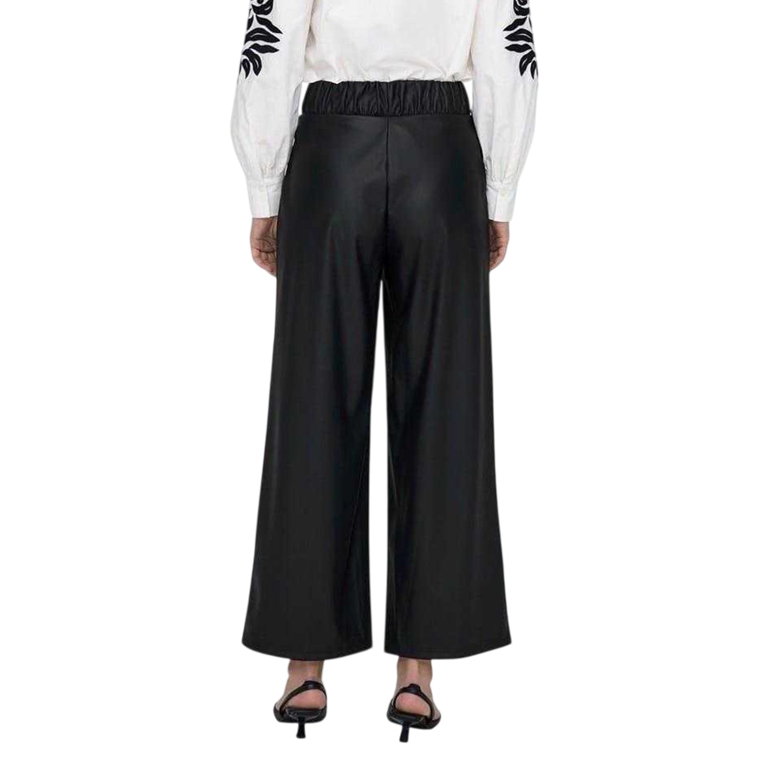 Black - Back - Only Womens-Ladies Faux Leather Wide Leg Palazzo Trousers