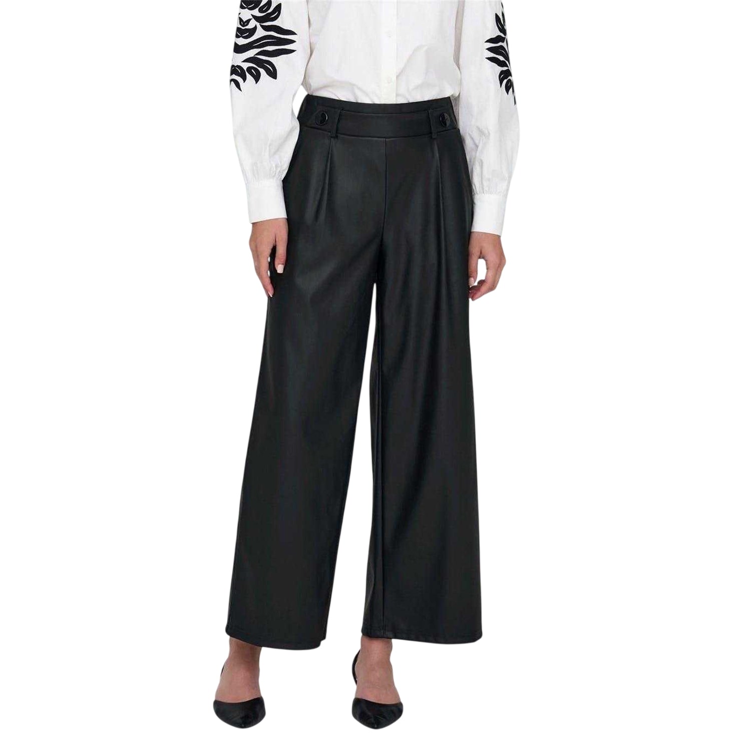 Black - Side - Only Womens-Ladies Faux Leather Wide Leg Palazzo Trousers