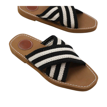 Black-White - Back - Where´s That From Womens-Ladies Criss Cross Strap Flat Slides