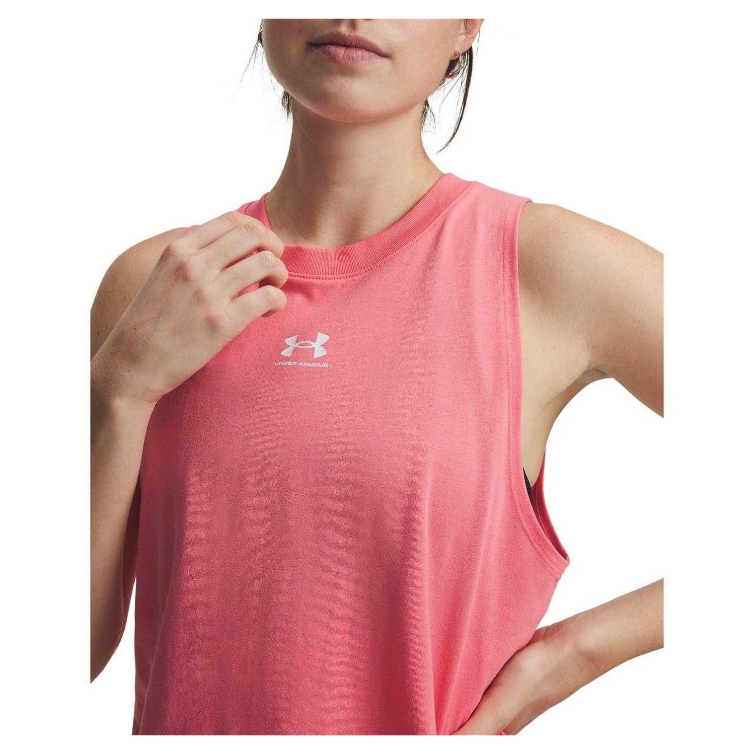 Pink-White - Side - Under Armour Womens-Ladies Rival Racerback Tank Top