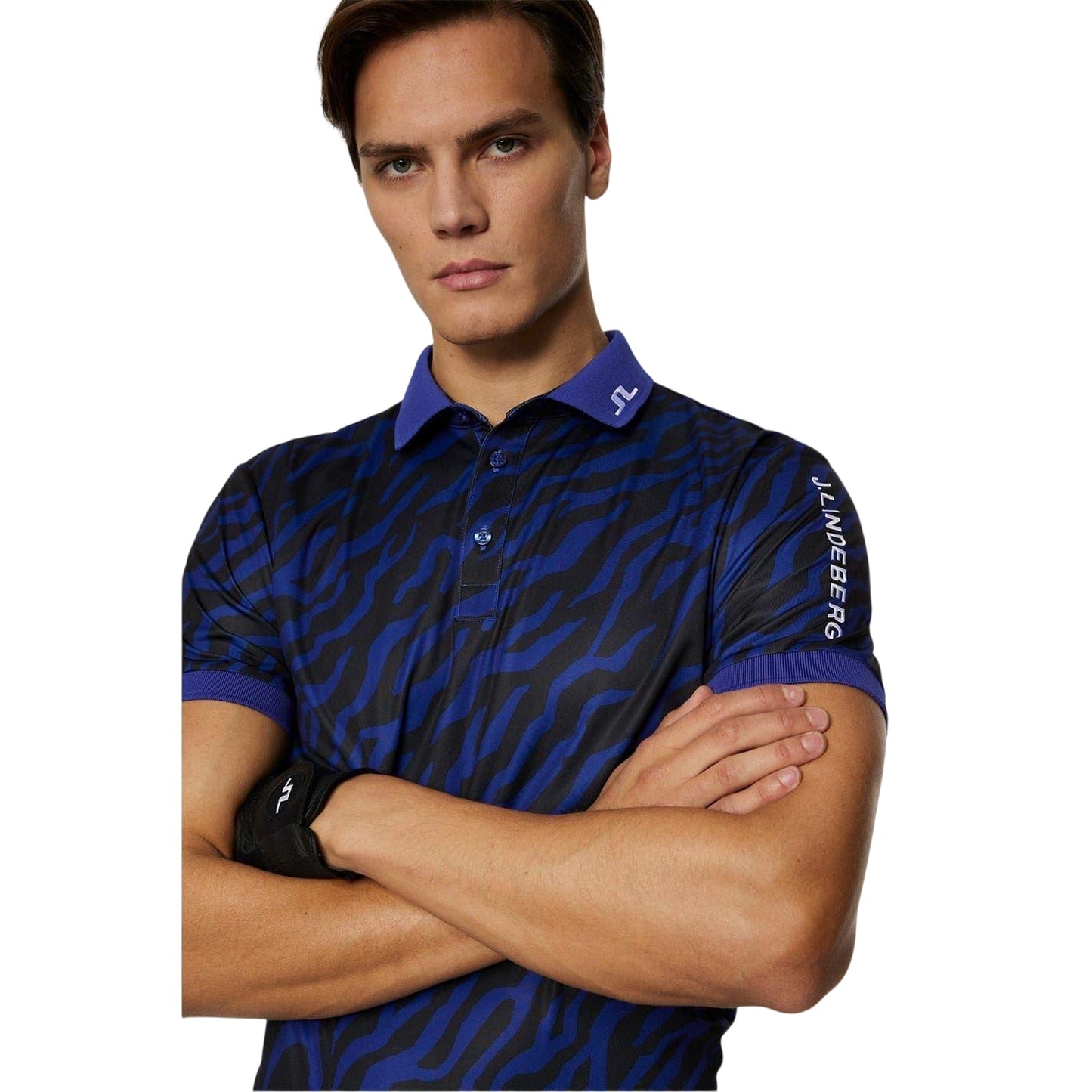 Navy-Black - Side - J.Lindeberg Mens Tour Tech Zebra Print Polo Shirt